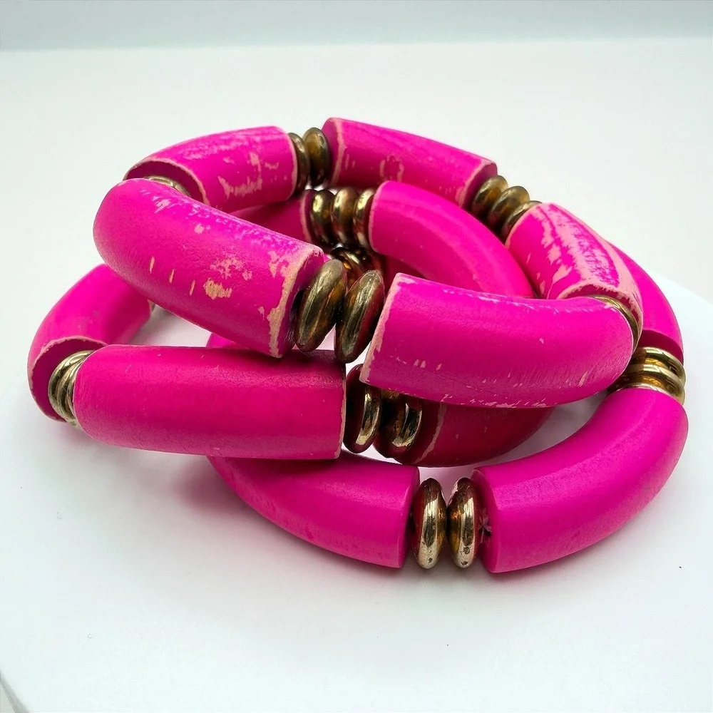Vintage 90s Hot Pink Tube Beaded Stretch Bracelet Set 3pc Gold Tone Jewelry